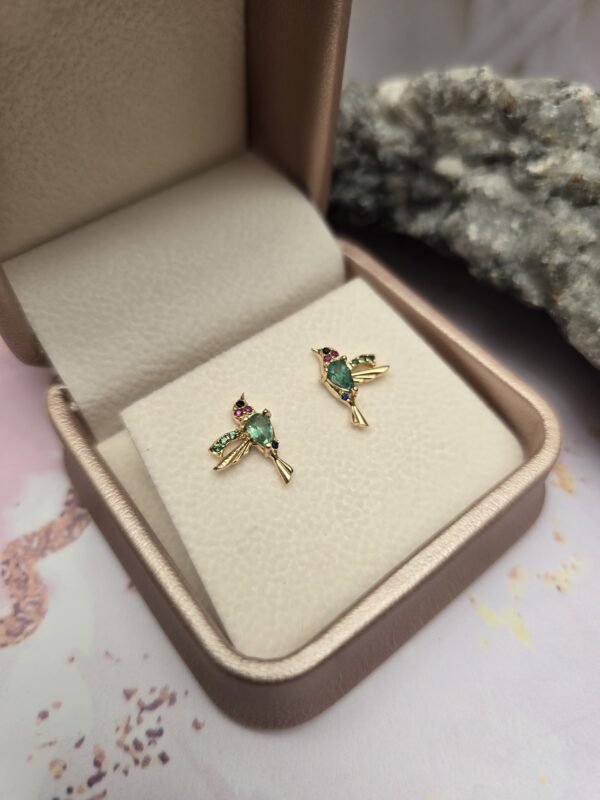 Aretes Colibríes Oro 18k con Esmeralda